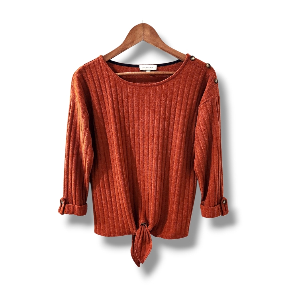 Burnt Orange Cropped Tie Front Ribbed 3/4 Sleeve Knit Sweater By Set The Stage